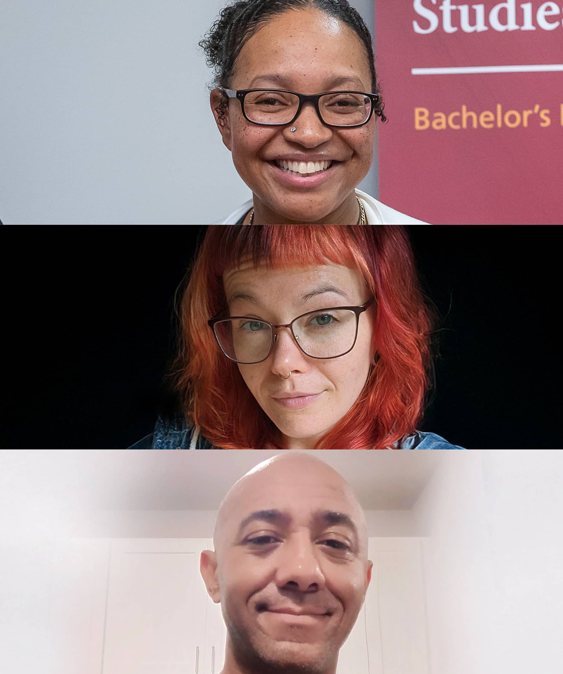 Untraditional student headshots: Paris Brantley, Lauren Leonardis, and Damion Middleton