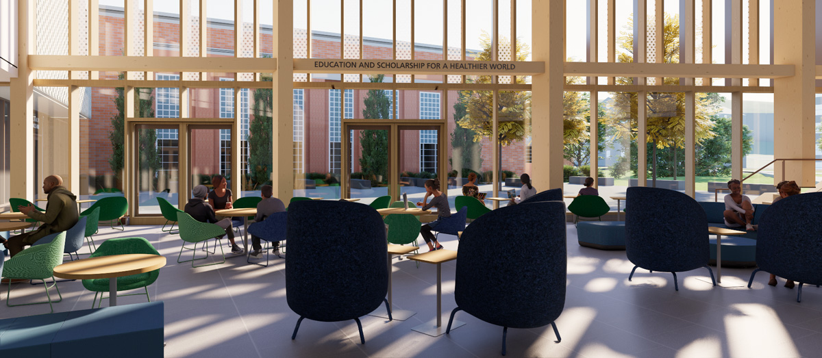 Digital rendering of SPHHS common area, with signage that reads, "Education and Scholarship for a Healthier World."