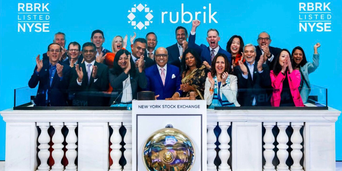 Rubrik staff ring the opening bell at the New York Stock Exchange to celebrate the company’s initial public offering (IPO).