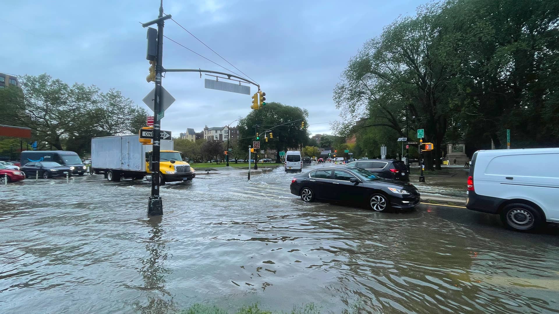 Cars in traffic during severe flooding