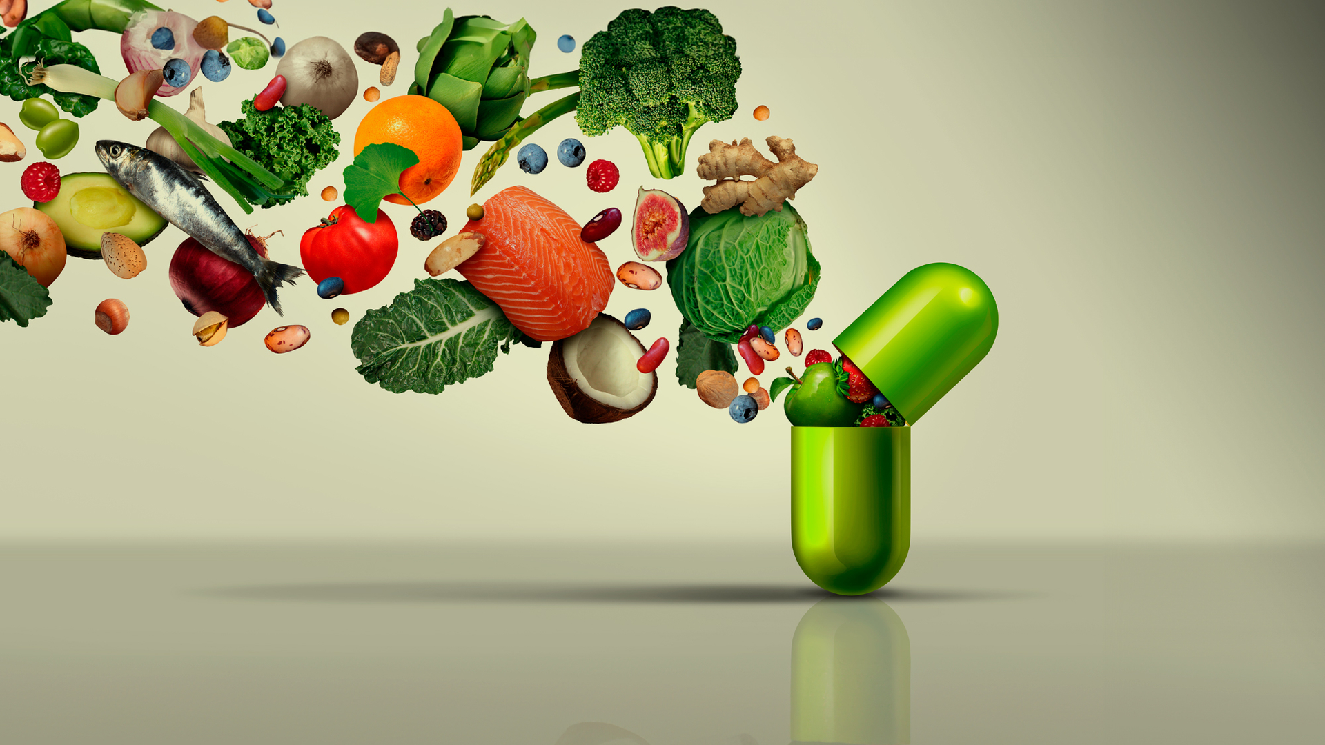 Illustration of many different foods cascading down into a pill capsule.