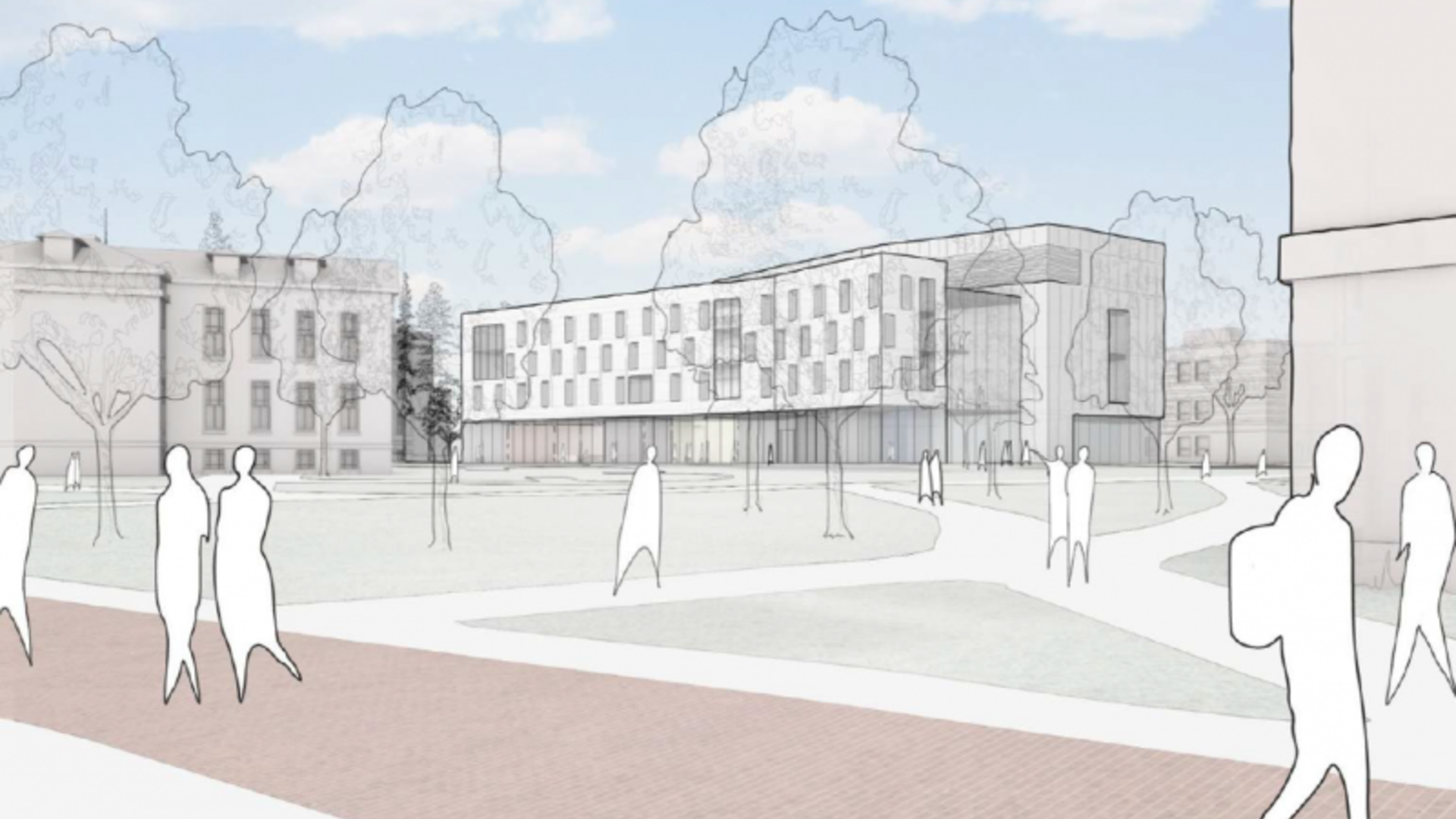 A design rendering of the south entrance of the SEL Building