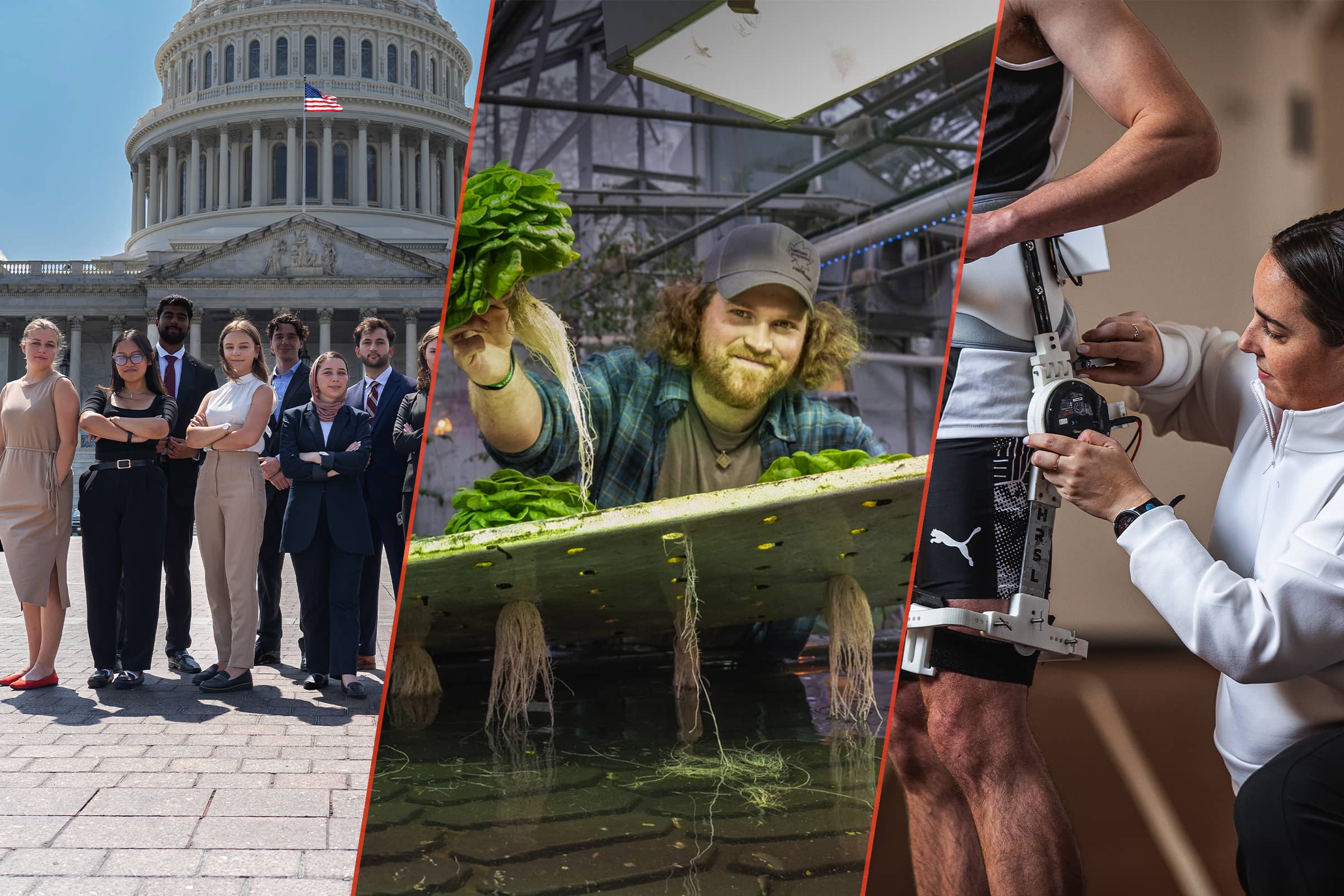 3 images: Student posing in front of capitol building. Student working with plants. Person adjusting equipment