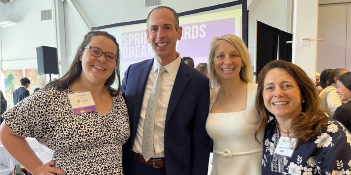 Victoria Selser ’20 celebrates her Local Public Health Leadership Award alongside Robbie Goldstein, Commissioner, Massachusetts Department of Public Health; Sam Squailia, Mayor of Fitchburg; and Kristin Black, Director of Shared Services, Massachusetts DPH.
