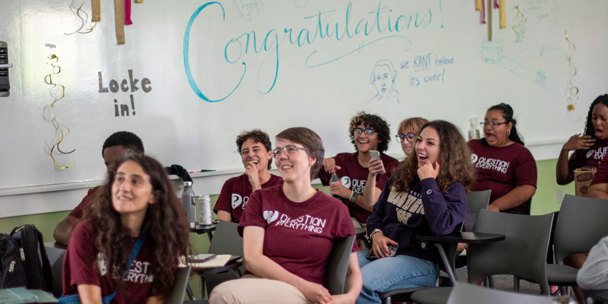 Students in the Question Everything summer philosophy program receive awards during the program’s closing session in South College, celebrating three weeks of study, debate, and community at UMass Amherst.